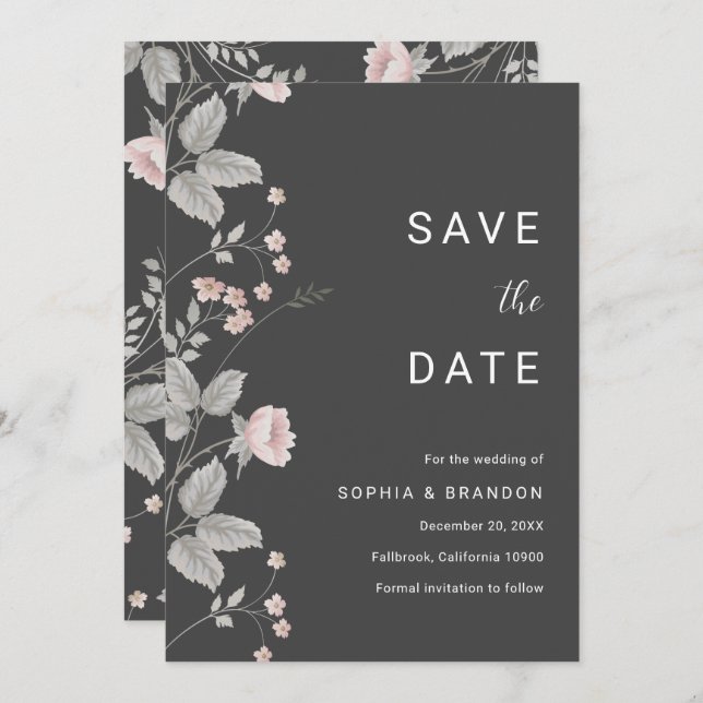 Elegante Blush Pink & Dark Gray Blues Hochzeit Save The Date (Vorne/Hinten)