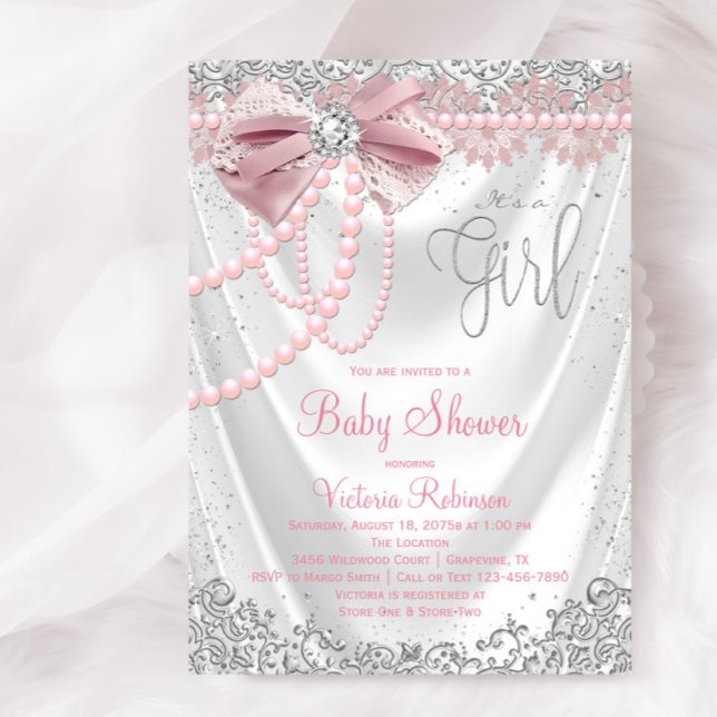 Elegante Blush Pink Diamond Pearl Girly Babydusche Einladung (Elegant blush pink and silver diamond baby shower invitation. Simply add your event details.)