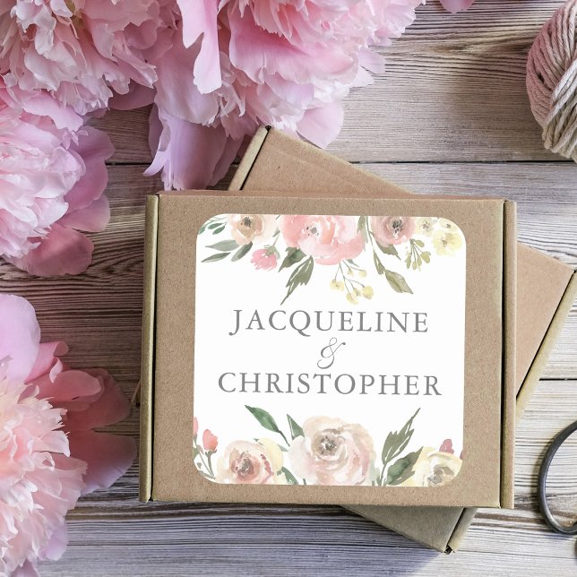 Elegante Blush Pink Elfenbeinblütenhochzeit Quadratischer Aufkleber (Von Creator hochgeladen)