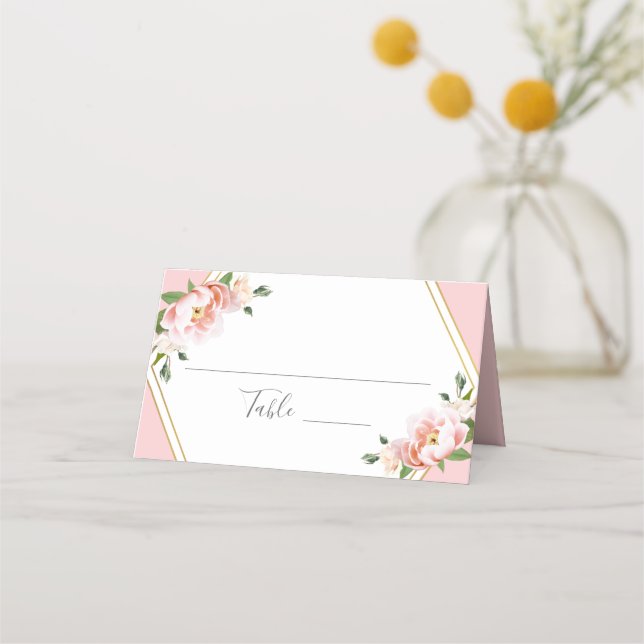 Elegante Blush Pink Floral Gold Geometric Wedding Platzkarte (Vorderseite)