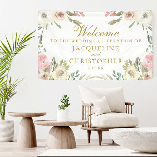 Elegante Blush Pink Floral Gold Script Hochzeit Banner