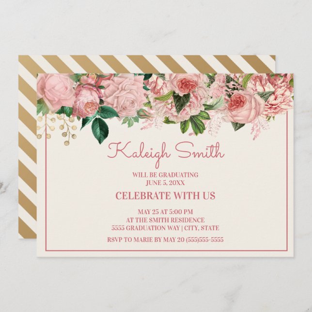 Elegante Blush Pink Floral Graduation Party Einladung (Vorne/Hinten)