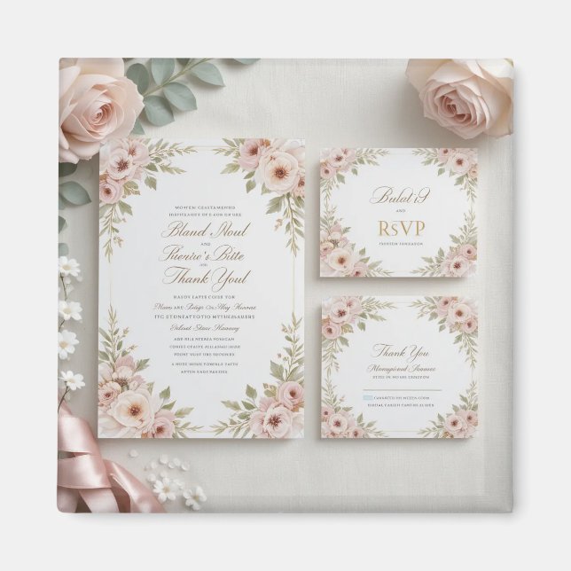 Elegante Blush Pink Floral Wedding Invitation Suit Magnet (Vorne)