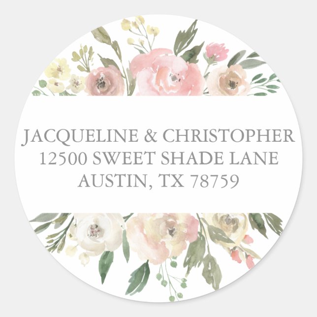 Elegante Blush Pink Floral Wedding Rücksendeadress Runder Aufkleber (Vorderseite)