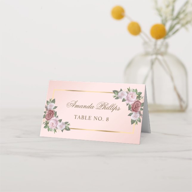 Elegante Blush Pink Fold Bloral Hochzeit Platzkarte (Vorderseite)