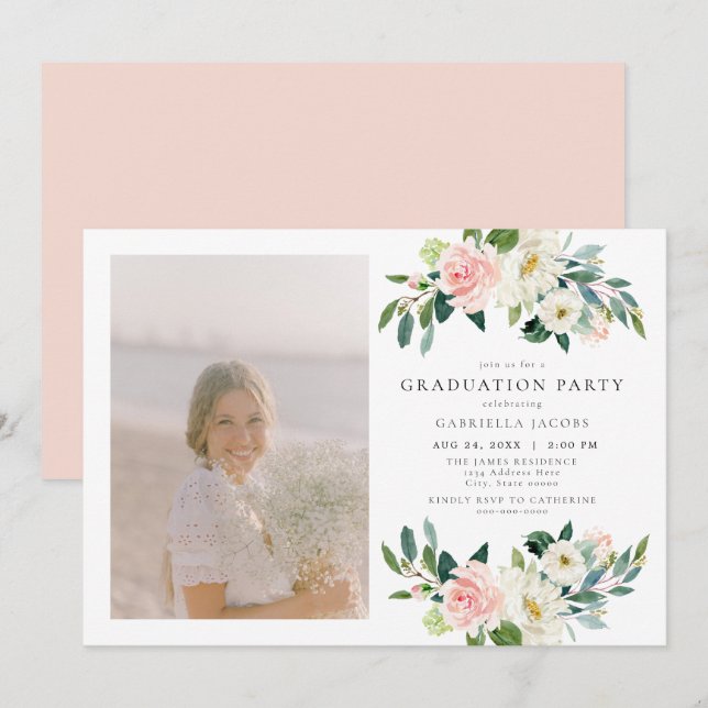 Elegante Blush Pink Foto Graduation Party Einladung (Vorne/Hinten)