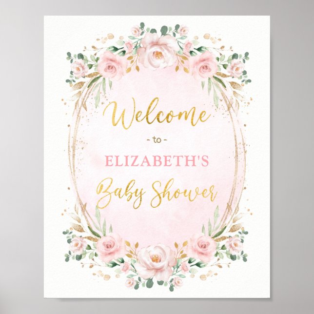 Elegante Blush Pink Gold Floral Baby Dusche Willko Poster (Vorne)