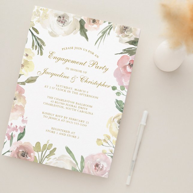 Elegante Blush Pink Gold Floral Engagement Party Einladung (Von Creator hochgeladen)