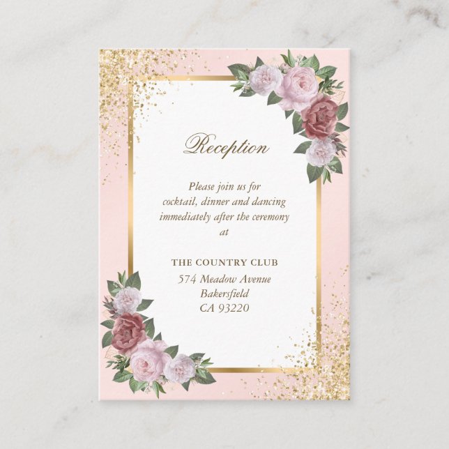 Elegante Blush Pink Gold Floral Hochzeitsempfang Begleitkarte (Vorderseite)