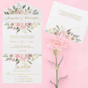 Elegante Blush Pink Gold Floral Summer Wedding All In One Einladung
