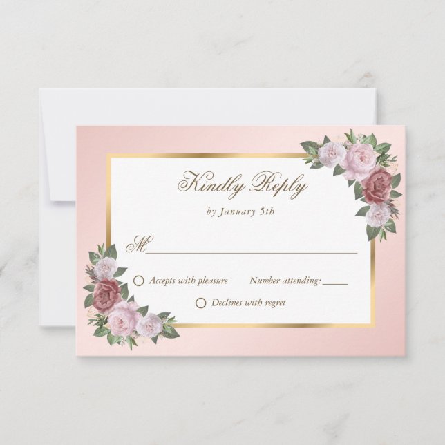Elegante Blush Pink Gold Floral Wedding RSVP Karte (Vorderseite)
