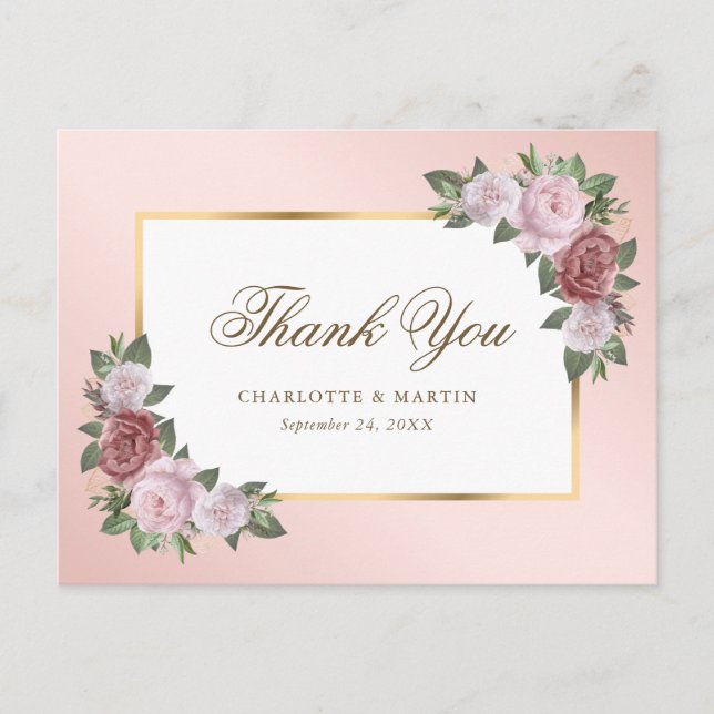 Elegante Blush Pink Gold Floral Wedding Vielen Dan Postkarte (Vorderseite)