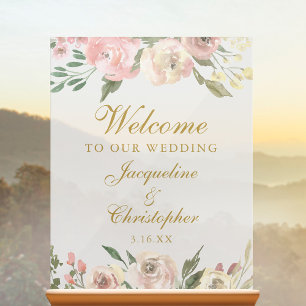 Elegante Blush Pink Gold Floral Wedding Willkommen Acrylschild