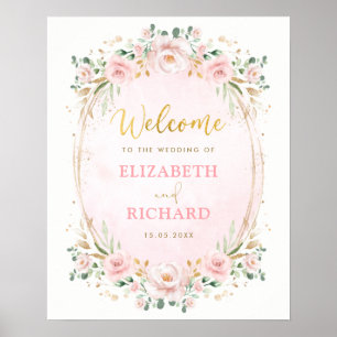 Elegante Blush Pink Gold Floral Wedding Willkommen Poster