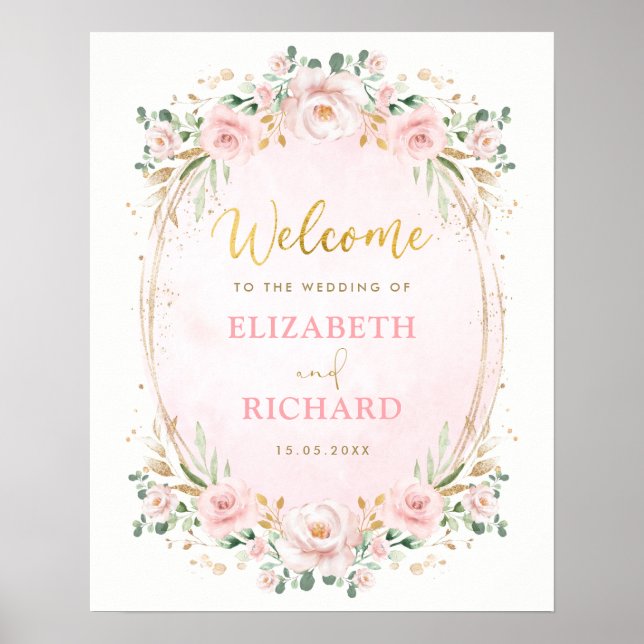 Elegante Blush Pink Gold Floral Wedding Willkommen Poster