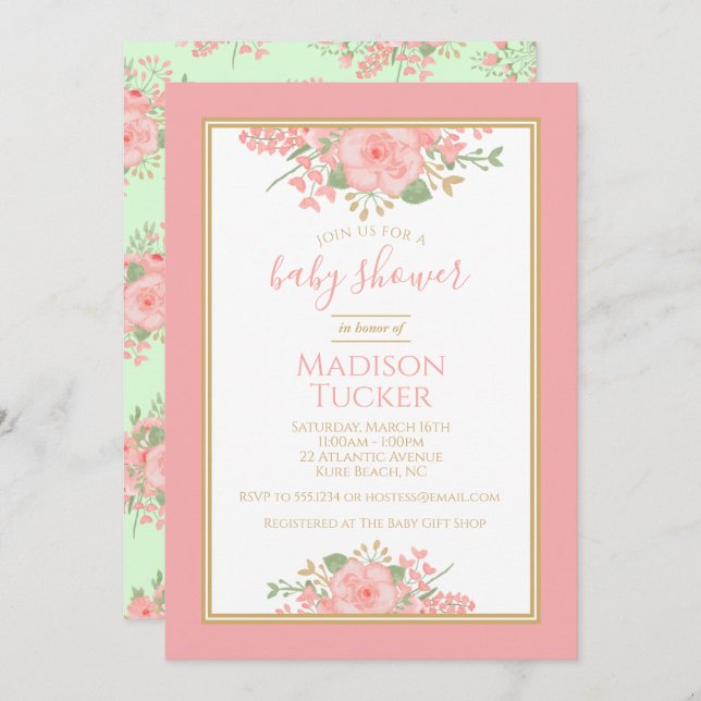 Elegante Blush Pink Gold Mint Floral Baby Dusche Einladung (Vorne/Hinten)