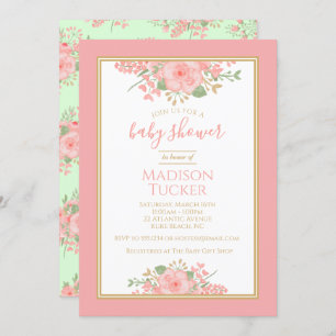 Elegante Blush Pink Gold Mint Floral Baby Dusche Einladung