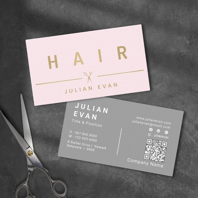 Elegante Blush Pink & Gold Typografie Haarstylisti Visitenkarte (Elegant Blush Pink & Gold Typography Hair Stylist Business Card)