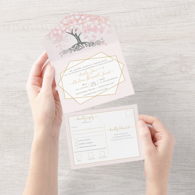 Elegante Blush Pink Heart Leaf Tree Wedding All In One Einladung (Abreißen)