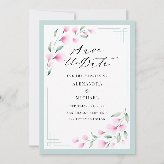 Elegante Blush Pink Mint Wasserfarbe Blumenhochzei Save The Date (Vorderseite)