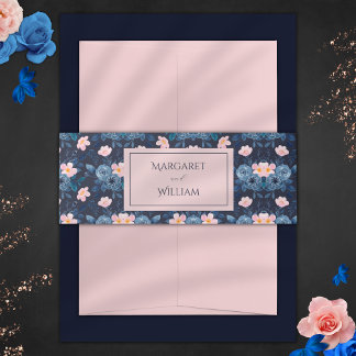 Elegante Blush Pink & Navy Blue Floral Wedding Einladungsbanderole