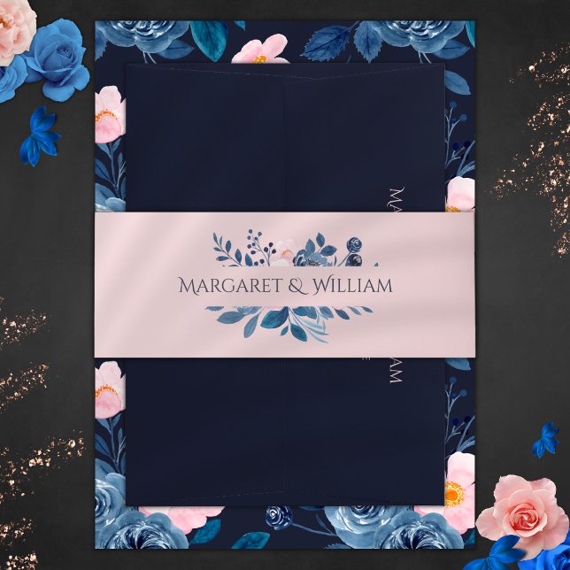 Elegante Blush Pink & Navy Blue Floral Wedding Einladungsbanderole (Von Creator hochgeladen)