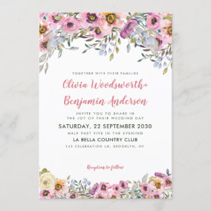 Elegante Blush Pink Peach Lavender Floral Hochzeit Einladung
