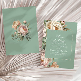 Elegante Blush Pink Peonies Pastel Sage Wedding Save The Date