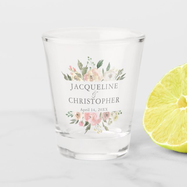 Elegante Blush Pink Peony Gewohnte Hochzeit Schnapsglas (Vorderseite)