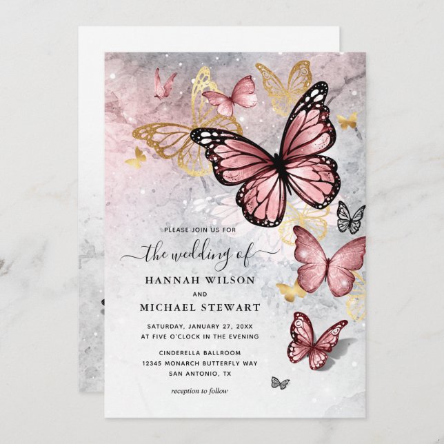 Elegante Blush Pink Rose Gold Butterfly Hochzeit Einladung (Vorne/Hinten)