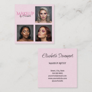 Elegante Blush-Pink-Schwarz-Schrift-3-Foto-Makeup Quadratische Visitenkarte