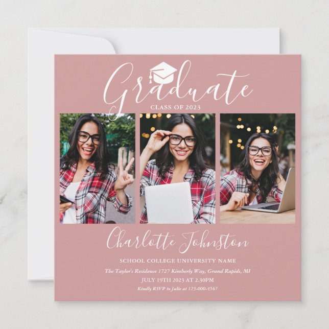 Elegante Blush Pink Script 4 Foto Graduation Party Einladung (Vorderseite)