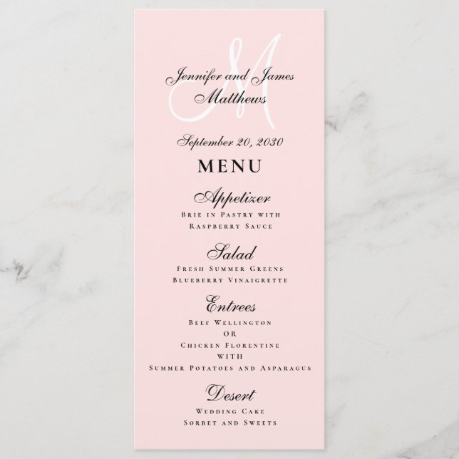Elegante Blush Pink Script Monogram Wedding Menükarte (Vorderseite)