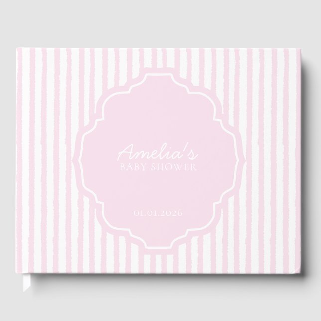 Elegante Blush Pink Striped Girl Babydusche Gästebuch (Vorderseite)