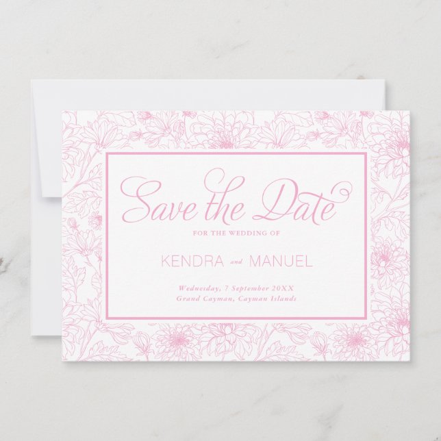 Elegante Blush Pink Toile Hochzeit Save The Date (Vorderseite)