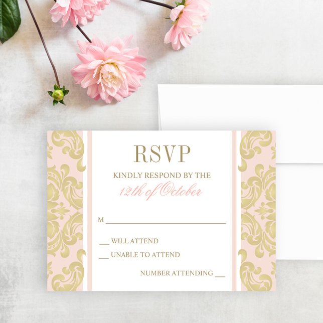 Elegante Blush Pink und Gold Damask Baby Taufe RSVP Karte (Von Creator hochgeladen)