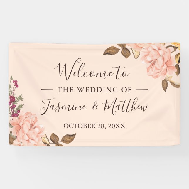Elegante Blush Pink Wild Floral Wedding Party Banner (Horizontal)