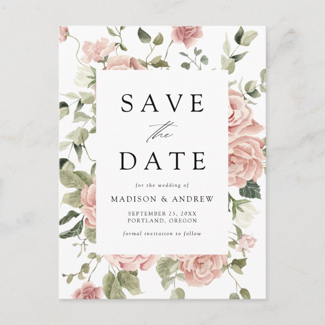 Elegante Blush Rose Garden Wedding Save the Date Ankündigungspostkarte (Vorderseite)