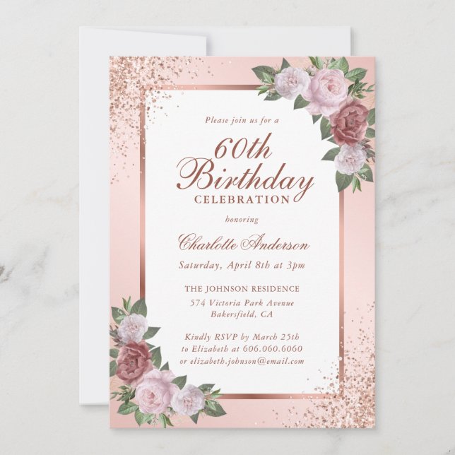 Elegante Blush Rose Gold Confetti 60. Geburtstag Einladung (Vorderseite)