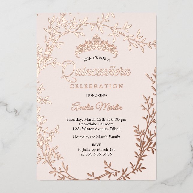 Elegante Blush Rose Gold Leaf Wreath Quinceanera Folieneinladung (Vorderseite)