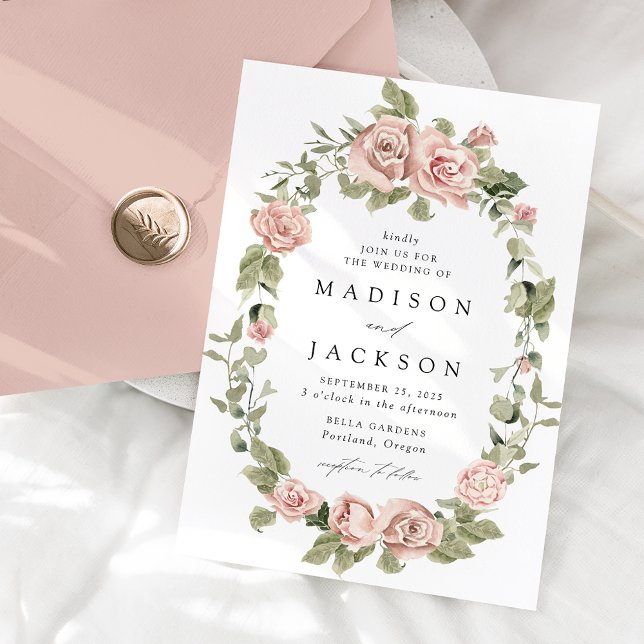 Elegante Blush Rose und Grüne Hochzeit Einladung (Von Creator hochgeladen)