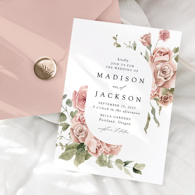 Elegante Blush Rose und Grüne Hochzeit Einladung (Von Creator hochgeladen)