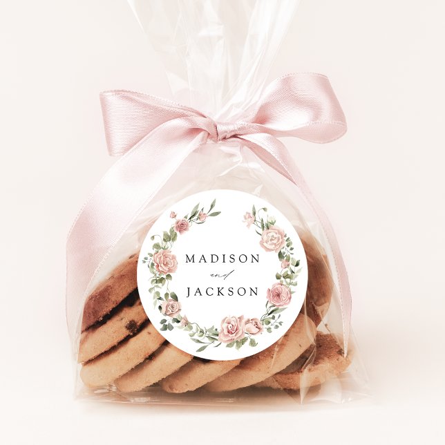Elegante Blush Rose und Grüne Hochzeit Runder Aufkleber (Von Creator hochgeladen)