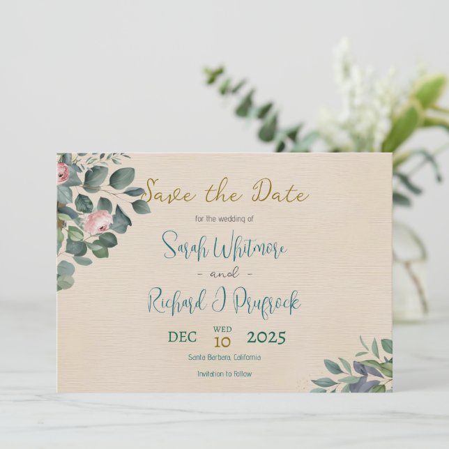 Elegante Blush & Sage Bloral Wedding Save The Date (Stehend Vorderseite)
