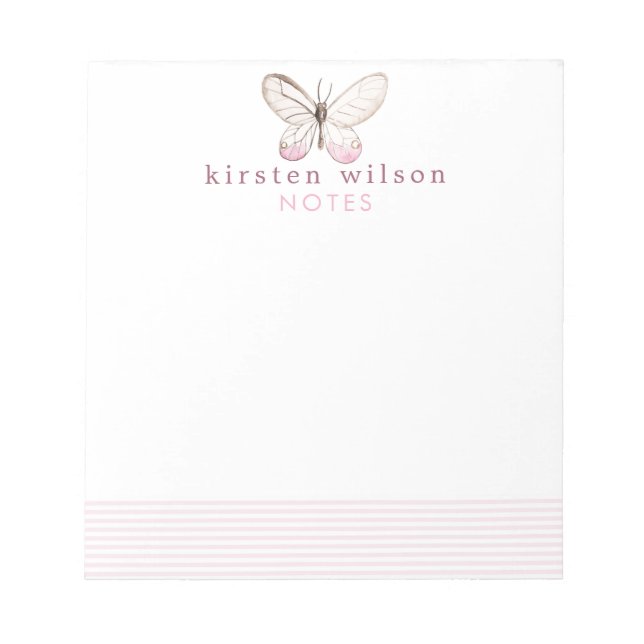 Elegante Blush Stripes & Butterfly - Personalisier Notizblock (Vorderseite)