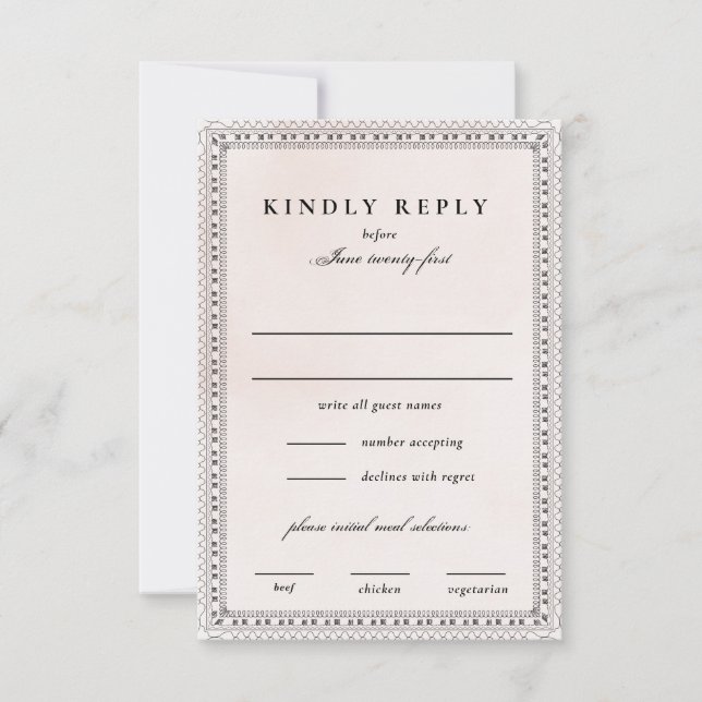 Elegante Blush und Black Watercolor Lace Wedding RSVP Karte (Vorderseite)