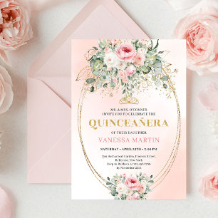 Elegante Blush- und Gold-Boho-Quinceañera-Floral-E Einladung