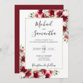 Elegante Blush und Rote Rosen Hochzeit Einladung