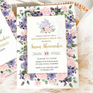 Elegante Blush- und violette Floral-Teeparty-Gebur Einladung