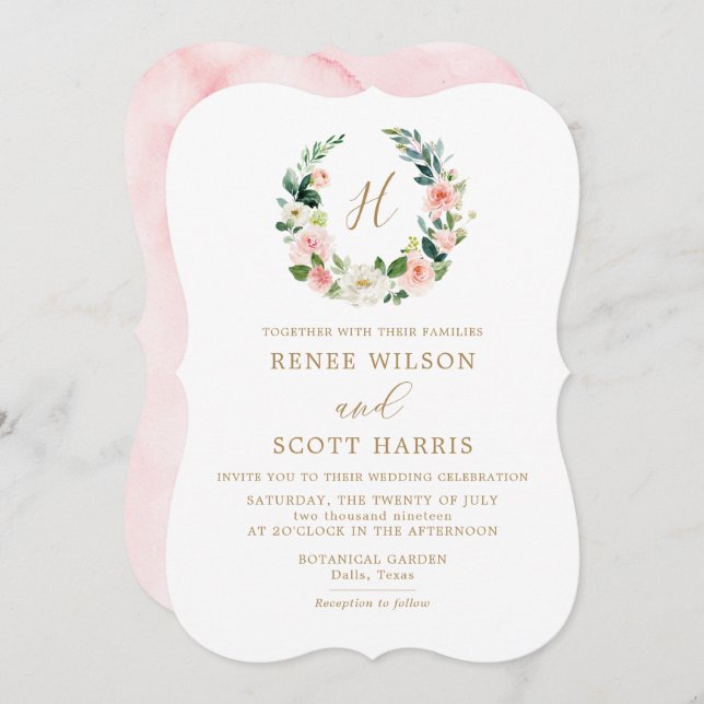 Elegante Blush Wassercolor Floral Monogram Wedding Einladung (Vorne/Hinten)